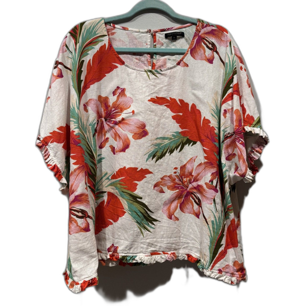 For Cynthia Top Linen Tropical Floral Ruffle Hem Blouse Resort White 3X Plus